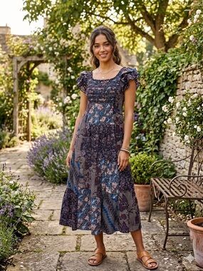 Ulla Johnson Navy Mixed Floral Smocked Midi Dress